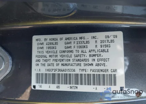 2010 Honda Accord 2.4 Lx z USA, uszkodzony, nr VIN 1HGCP2F3XAA015334